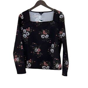 Violets & Roses Women's Square Neck Long Sleeve Floral Top Black Size M NWT